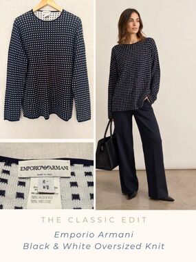 Emporio Armani Two-Tone Grid Knit Sweater | Cotton Viscose | Oversized | Tunic